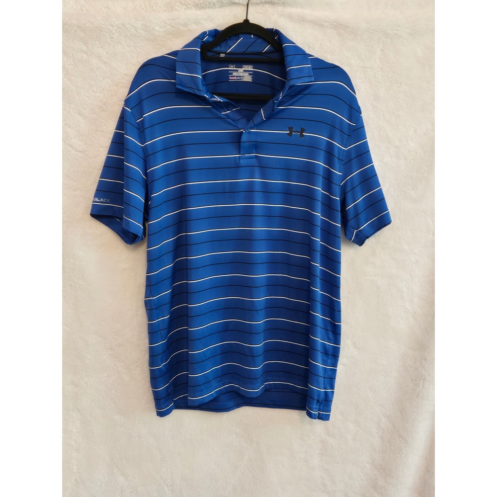 Under Armour Mens M Blue Striped HeatGear Coldblack Golf Polo Shirt  1287384-438